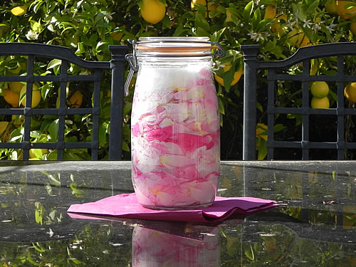 Layered rose petals and sugar