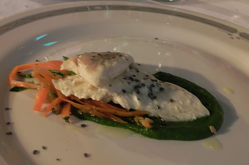 The main course - grilled sea-bass on creamed blitva and bean puree