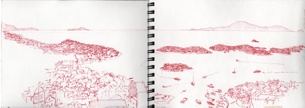 My sketch of Hvar spread across two pages!