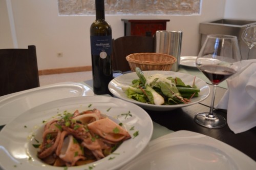 Squid, garden salad and red wine!