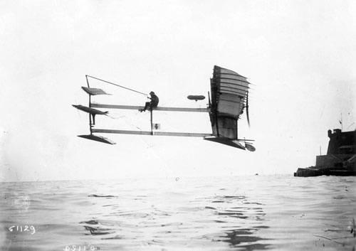 Henri Fabre at the controls of Le Canard, 1910